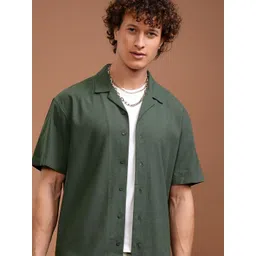 HIGHLANDER Men Cuban Collar Solid Cotton Relaxed Fit Casual Shirt-picture-19