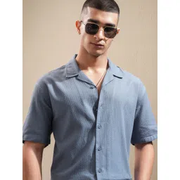 HIGHLANDER Men Cuban Collar Textured Cotton Relaxed Fit Casual Shirt-picture-13