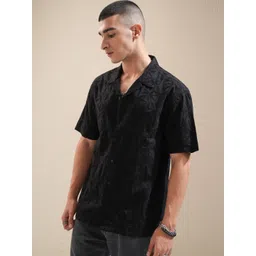 HIGHLANDER Men Cuban Collar Textured Cotton Relaxed Fit Casual Shirt image 2