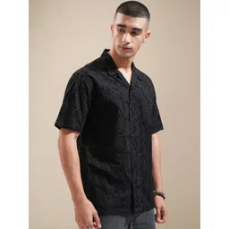 HIGHLANDER Men Cuban Collar Textured Cotton Relaxed Fit Casual Shirt image 4