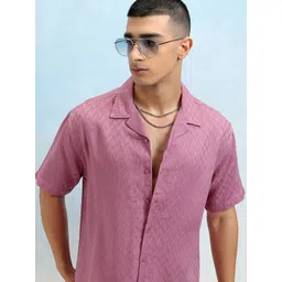HIGHLANDER Men Cuban Collar Textured Solid Cotton Relaxed Fit Casual Shirt-picture-22
