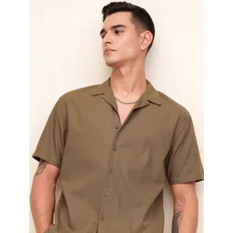 HIGHLANDER Men Cuban Collar Textured Solid Cotton Relaxed Fit Casual Shirt-picture-18