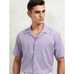 HIGHLANDER Men Cuban Collar Textured Solid Cotton Relaxed Fit Casual Shirt-picture-19