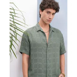 HIGHLANDER Men Cuban Collar Textured Solid Cotton Relaxed Fit Casual Shirt-picture-23