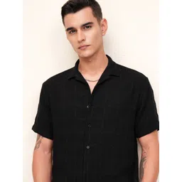 HIGHLANDER Men Cuban Collar Textured Solid Cotton Relaxed Fit Casual Shirt-picture-24