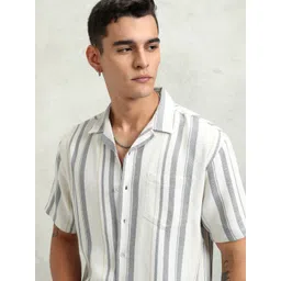 HIGHLANDER Men Cuban Collar Vertical Striped Cotton Relaxed Fit Casual Shirt image 2