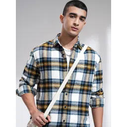 HIGHLANDER Men Flannel Oxford Textured Checked Relaxed Overshirt-picture-40