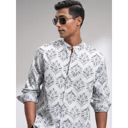 HIGHLANDER Men Jacquard Textured Mandarin Collar Roll Up Sleeve Casual Relaxed Shirt-picture-41