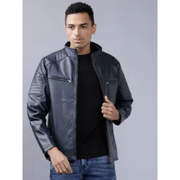 HIGHLANDER Men Navy Blue Solid Biker Jacket-picture-18