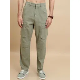 HIGHLANDER Men Olive Green Mid-Rise Cotton Cargos Trousers-picture-42