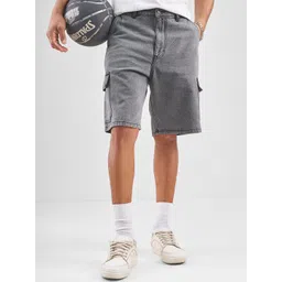 HIGHLANDER Men Regular Fit Mid-Rise Cotton Denim Cargo Short-image-27