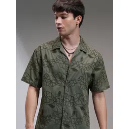 HIGHLANDER Men Relaxed Fit Cuban Collar Textured Cotton Casual Shirt-picture-32