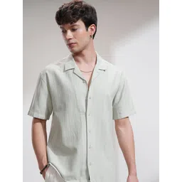 HIGHLANDER Men Relaxed Fit Cuban Collar Textured Cotton Casual Shirt-picture-26