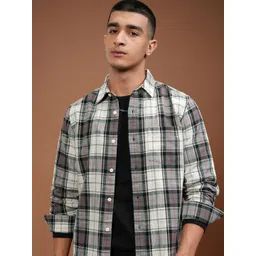 HIGHLANDER Men Slim Fit Spread Collar Tartan Checked Cotton Casual Shirt-picture-25