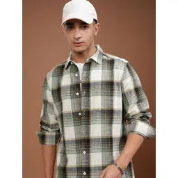 HIGHLANDER Men Slim Fit Spread Collar Tartan Checked Cotton Casual Shirt-picture-22