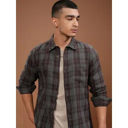 HIGHLANDER Men Slim Fit Spread Collar Tartan Checked Cotton Casual Shirt-picture-31