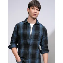 HIGHLANDER Men Slim Fit Spread Collar Tartan Checked Cotton Casual Shirt-picture-21