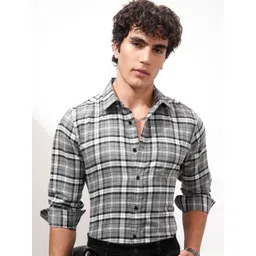 HIGHLANDER Men Slim Fit Spread Collar Tartan Checked Cotton Casual Shirt-picture-32