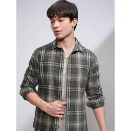 HIGHLANDER Men Slim Fit Spread Collar Tartan Checked Cotton Casual Shirt-picture-10