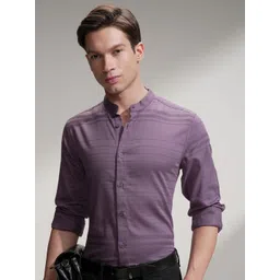 HIGHLANDER Men Slim Fit Textured Band Collar Formal Shirt-picture-13