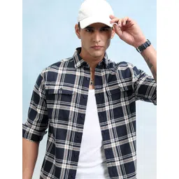 HIGHLANDER Men Spread Collar Tartan Checked Cotton Relaxed Fit Casual Shirt-picture-10
