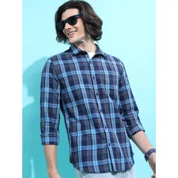 HIGHLANDER Navy Blue Slim Fit Tartan Checked Casual Shirt-picture-17