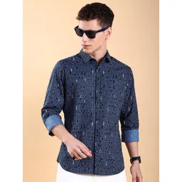 HIGHLANDER Navy Blue Slim Fit Typography Printed Spread Collar Chest Pocket Cotton Shirt-picture-31