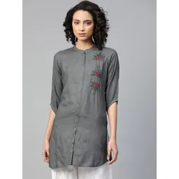 HIGHLIGHT FASHION EXPORT Women Grey Embellished Handwork Detail Straight Kurti-picture-42