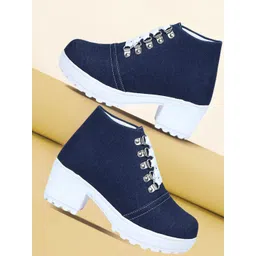 himquen Women's Canvas Ankle Boots with Lace-Up Design and Chunky Heel Boots For Women-picture-25