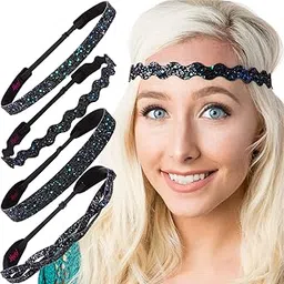 hipsy 4 Pack Adjustable Non-Slip Shiny Headbands for Women Girls and Teen Girls Standard Size - Black - Medium (Regular)-picture-19