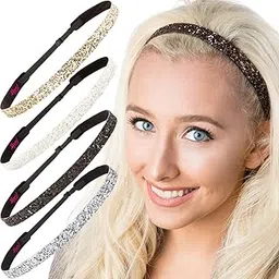hipsy 5 Pack Plus Size Adjustable Non Slip Glitter Glitter Slim Headbands - Black - L-picture-40