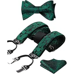 hisdern Bow Tie and Suspenders for Men Floral Paisley Suspender Bowtie Set Adjustable Strong 6 Clips for Wedding Party, 1-green / Black, One Size-picture-39