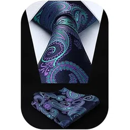 hisdern SetSense Men's Floral Paisley Jacquard Woven Tie Necktie Set 8.5 cm / 3.4 inches in Width Navy Blue / Green / Purple-picture-14