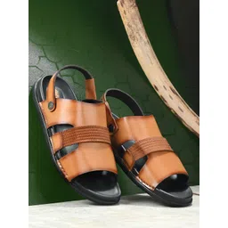 Hitz Men Tan Brown & Black Leather Comfort Sandals-picture-34