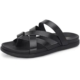 hitz Men's Black Leather Casual Open Toe Slippers-picture-21