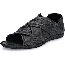 hitz Men's Black Leather Slip-On Open Toe Casual Sandals-picture-16