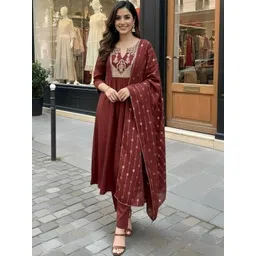 HIVA TRENDZ Women Ethnic Motifs Embroidered Empire Thread Work Kurta with Trousers & With Dupatta-picture-13