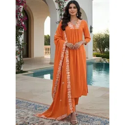 HIVA TRENDZ Women Ethnic Motifs Embroidered Pleated Thread Work Kurta with Trousers & With Dupatta-picture-19