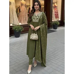 HIVA TRENDZ Women Ethnic Motifs Embroidered Regular Thread Work Kurta with Trousers & With Dupatta-picture-17