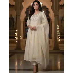 HIVA TRENDZ Women Ethnic Motifs Tiered Thread Work Kurta with Trousers & With Dupatta image 1