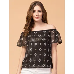 Hive91 Black & White Off-Shoulder Chiffon Bardot Top-picture-41