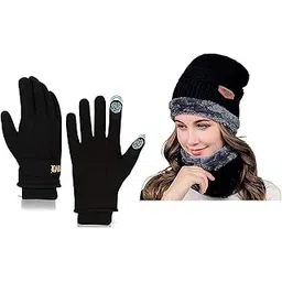 HIVER Combo of Beanie Black Cap and Womens Gloves Touchscreen Waterproof | Winter Gloves for Women with Beanie Cap | Trekking Snow Gloves for Minus Degrees (Large, Black)-picture-30