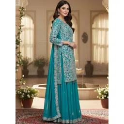 HK CLOTHING BRAND Women Ethnic Motifs Embroidered Regular Thread Work Silk Georgette Kurta with Sharara &-picture-29