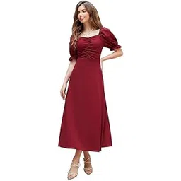 hkv Girl's & Women's Solid A-Line Ruched Puff Sleeve Maxi Long Evening One Piece Long Dress for Women Stylish-picture-50
