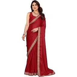 hmp fashion Womens Chiffon Satin Saree with Embroidery Work, Lace Border, Unstitched Blouse Piece-picture-30