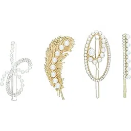 h.o.c Women's Metal, Pearl, Rhinestone Hair Tic-Tac Pin | Pearl Embellishment Shape Pattern Snap Style Application Fashionable Creative Women And Girls_White-Silver-picture-36