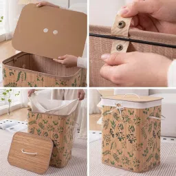 HOKIPO Eco-Friendly Foldable Bamboo Laundry Basket Hamper with Lid, Large - 60 Liter, Fern Leaves (AR-5753) image 4