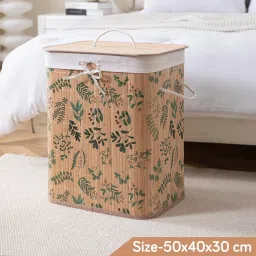 HOKIPO Eco-Friendly Foldable Bamboo Laundry Basket Hamper with Lid, Large - 60 Liter, Fern Leaves (AR-5753) image 5