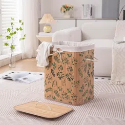 HOKIPO Eco-Friendly Foldable Bamboo Laundry Basket Hamper with Lid, Large - 60 Liter, Fern Leaves (AR-5753) image 1