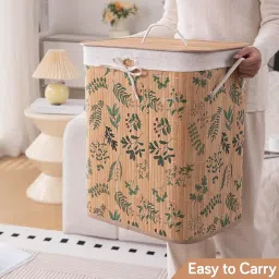 HOKIPO Eco-Friendly Foldable Bamboo Laundry Basket Hamper with Lid, Large - 60 Liter, Fern Leaves (AR-5753) image 2